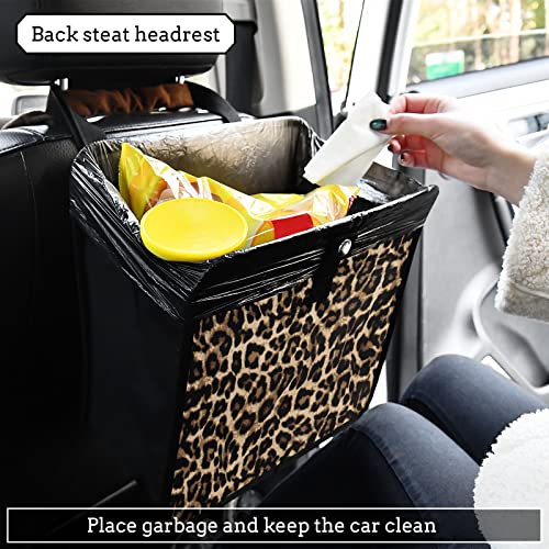 Image of Leopard Print Car Trash Can, Foldable Hanging Car Trash Bag, Small Waterproof Car Accessories Garbage Bin Cheetah