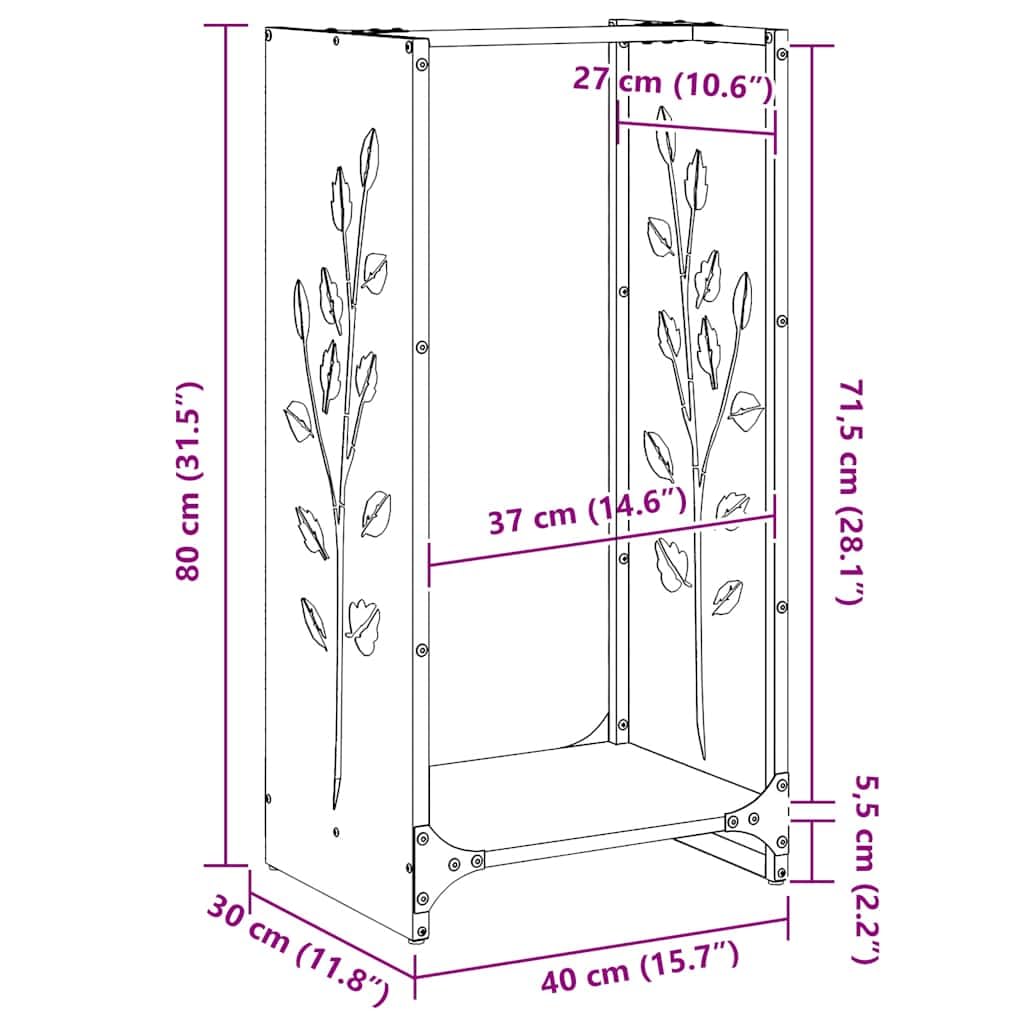vidaXL Leñero 40x30x80 cm Acero corten, Soporte para leña para Chimenea, Soporte para leña, Soporte para leña, Almacenamiento de leña para Interiores