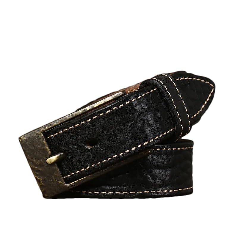 Pohullan Mens 3.8cm Belts Retro Thick Leather Belt Brass Buckle Casual Jeans Belts