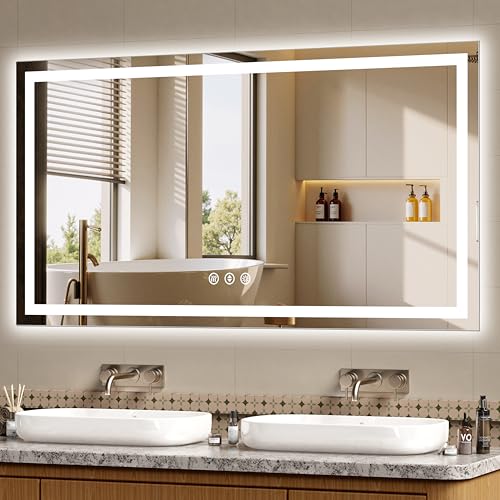 Image of 55x30 LED Bathroom Mirror with Lights - Dimmable, Anti-Fog, 3 Color Backlit & Front Lit Mirror for Bathroom, Shatter-Proof Tempered Glass, Easy Installation