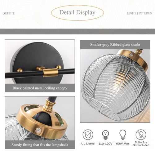 Image of Vintage Bathroom Vanity Light Fixture Modern Wall Sconce Over Mirror | Thick Glass Ribbed Smoky Gray Globe Lamp Shade Mid Century Black Gold Vanity Lights Fixtures for Farmhouse Dining Room above