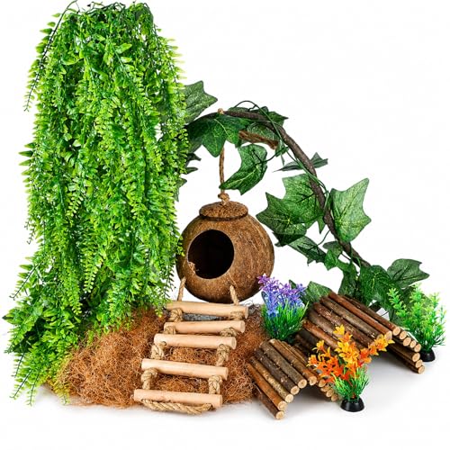 HERCOCCI Crested Gecko Tank Accessories Reptile Hanging Plants Vines with Natural Coconut Shell Hideout & Climbing Ladder Decor for Hermit Crab Lizard Leopard Gecko Chameleon Snake Terrarium Decor
