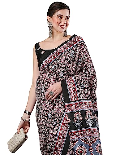 Image of AKHILAM Women's Ajrak Block Print Soft Dola Silk Saree With Unstitched Blouse Piece