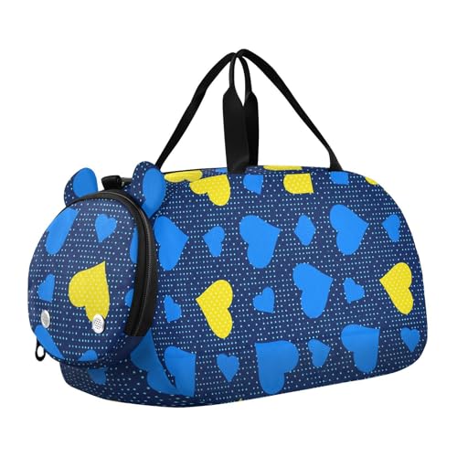 Polka Hearts Blue Kids Travel Duffel Bag for Boys Girls Overnight Weekend Tote Bag with Shoes Compartment for Dance Gym Sports