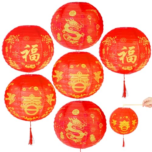 HOWAF 6pcs Chinese New Year Round Paper Lanterns Fu Chun Dragon Character Red Lantern for 2025 Lunar New Year Decorations,Spring Festival Hanging Round Lanterns Decorations,Year of The Snake Lanterns