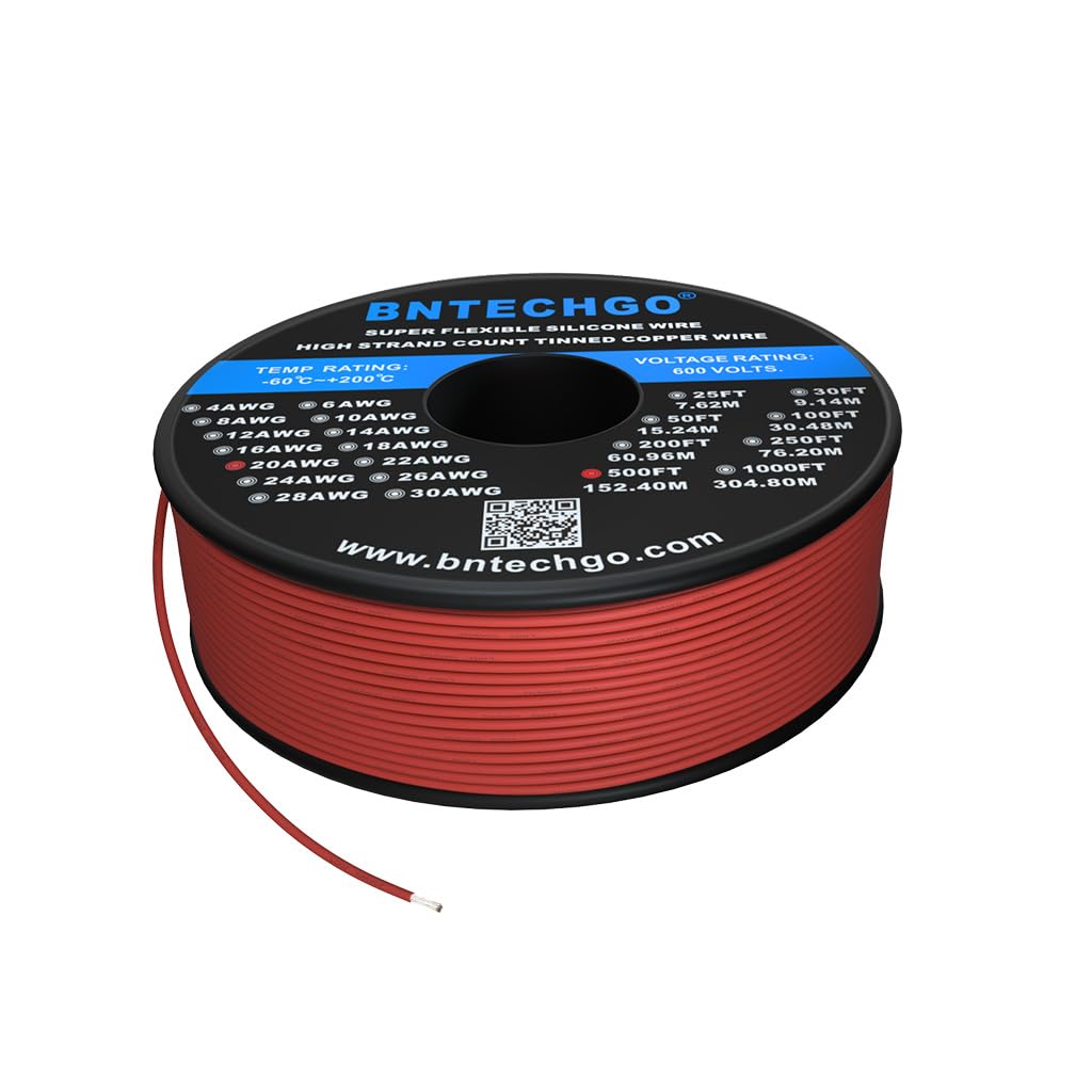 BNTECHGO 20 Gauge Silicone Wire Spool 500 ft red Flexible 20 AWG Stranded Tinned Copper Wire — image 1