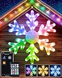 32" Smart LED Snowflake Christmas Lights Outdoor, DIY Color Changing Big Folding Plug in Window Hanging Lights Music Sync Chasing Effect App Control, Prelit Giant Snowflake Decorations for Wall Xmas
