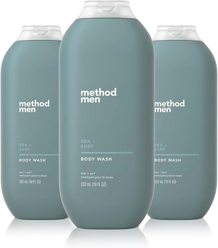 method Men’s Body Wash, Sea + Surf, 18 fl oz, 3 Pack | Soothing Formula, Leaves Skin Feeling Soft & Moisturized, Rich Lather, Made Without Parabens