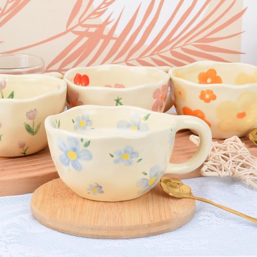 Keramik Teetasse, Geschenke für Frauen, Kawaii Kaffeetasse Handgemachte Kreative Blume becher mit Löffel, Ästhetische Tassen für Milch 250ml Cappuccinotassen Weihnachten Geschenk (Blau) – Bild 2