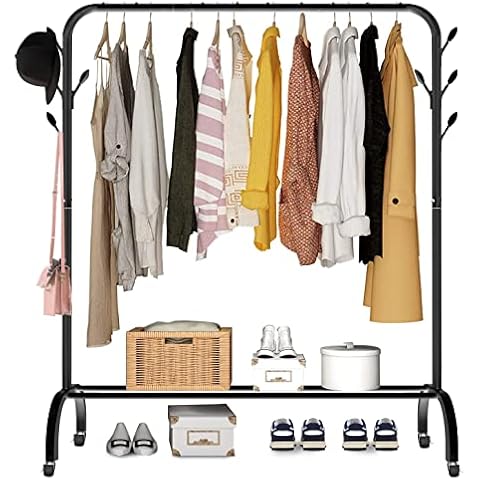 Clothes Rail Metal Garment Rack on Wheels Bedroom Freestanding Hanger Display Clothing Racks with 8 Side Hooks, 1 Tier Lower Storage Shelf for Shoes Boxes 5ft Coat Drying Rack (Black) Cover