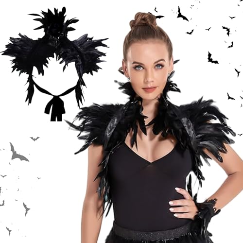 BGTLJKD Mantello da Donna con Piume Scialle Gotico con Mantello di Piume Nere Shrug Scialle di Piume Coprispalle di Halloween Colletto Poncho per Carnevale Halloween Cosplay