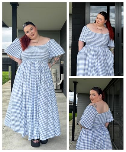 Image of RITERA Plus Size Dresses for Curvy Women Square Neck Short Sleeve Summer Floral Smocked Maxi Dress with Pocket XL-5XL
