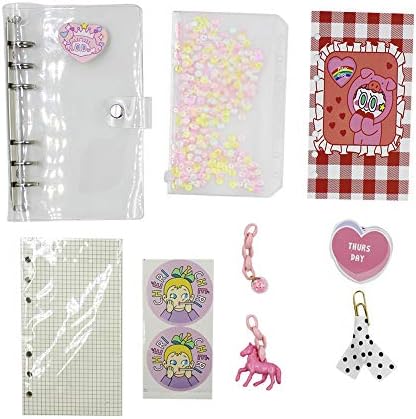 Aimeio A6 6 Ring Clear Loose Leaf Binder Journal Notebook Cute Cartoon Wrinting Dairy Notebook for Women Girls Gift,90 Insert Page+Index Divider+Zipper Pouch,Refillable, 4.9 x 7.7inch