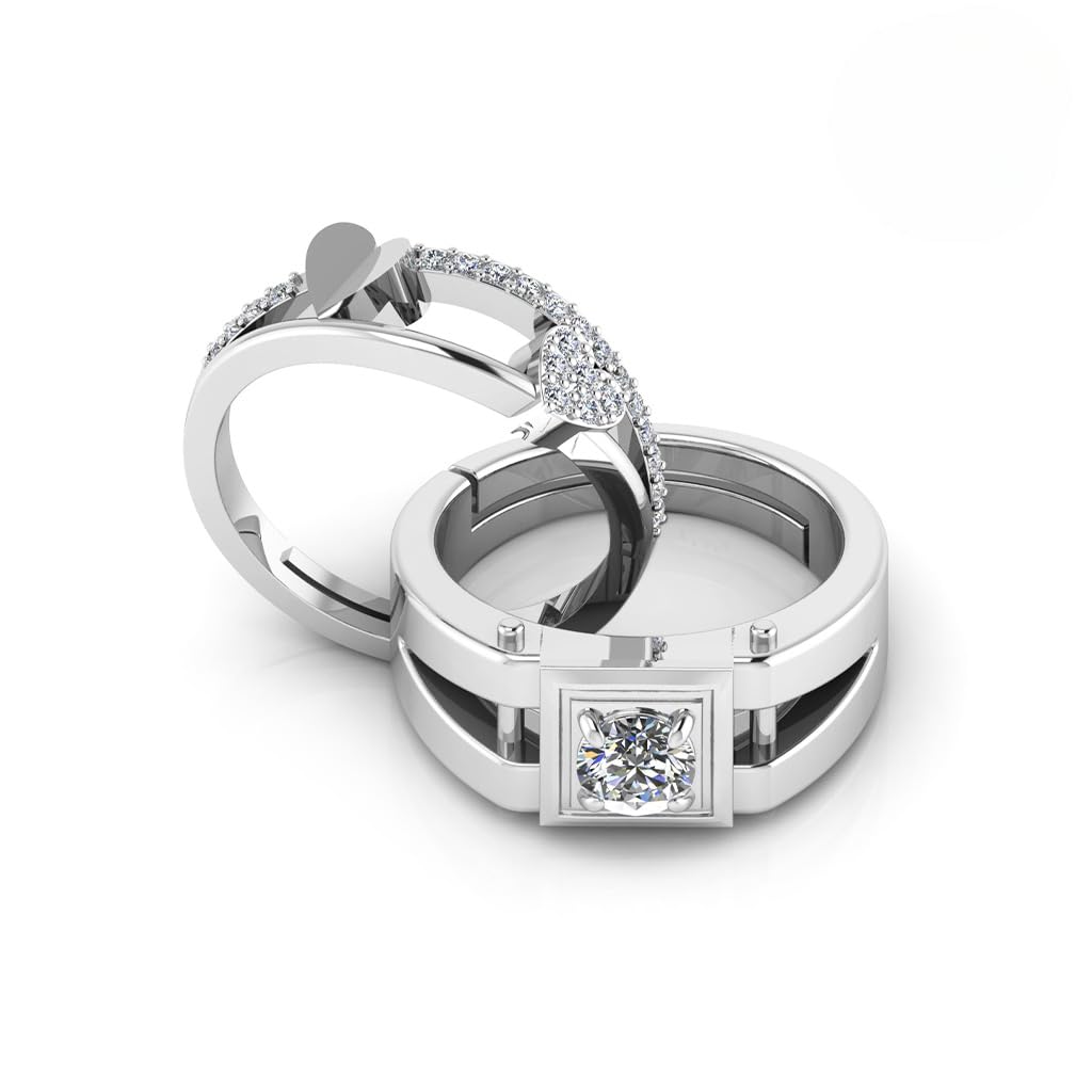 925 Sterling Silver Adjustable Couple Rings | Rhodium Plated Cubic Zirconia Ring Set for Men & Women-image-45
