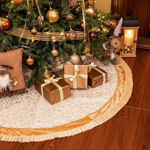 Valery-Madelyn-Christmas-Tree-Skirt-for-Tree-Decorations-60-Inch-Fabric-White-Gold-Small-Xmas-Velvet-Tree-Skirt-with-Embroidery-Baroque-Pattern-Pleated-Border-for-Tree-Merry-Christmas-Party-Decor Valery Madelyn Christmas Tree Skirt for Tree Decorations 60 Inch Fabric White Gold Small Xmas Velvet Tree Skirt with Embroidery Baroque Pattern Pleated Border for Tree Merry Christmas Party Decor