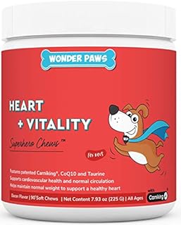 Wonder Paws Cardio Support for Dogs – Cardiovascular Chews Heart Health, Circulation, Energy & Weight Management - with L-Carnitine, Hawthorn Berry, Coenzyme Q10 & Taurine for Dogs – 90 Soft Chews