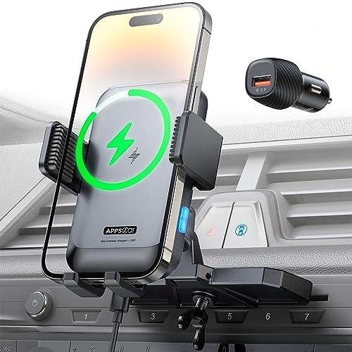 APPS2Car Wireless Car Charger Mount CD Slot Auto Clamping 15W Fast Charging CD Phone Holder for Car Wireless Charger Fit for iPhone 15 14 13 12 Pro Max, Samsung S23 Ultra S22 Note 20, Google, LG etc.