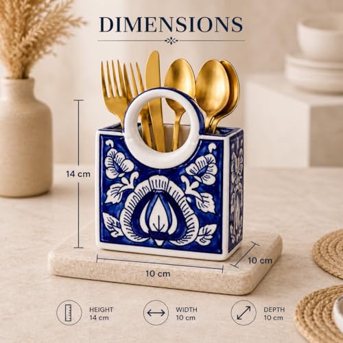 Image of Ceramic Utensil Holder, White Kitchen Organiser, Cutlery Set Holder (Blue Royal)