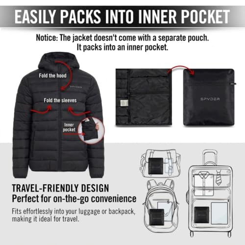 Image of Spyder Puffer Jacket Men - Packable Lightweight Quilted Hooded Winter Coat | Soft-touch insulation, packs into inner zip pocket, reversed coil zipper, zippered hand pockets