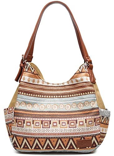 Image of Worldlyda Women Canvas Hobo Purse Multi Pocket Tote Shopper Shoulder Bag Casual Top Handle handbag with Embroidery Ethnic