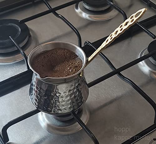 Hoppi Turkish Coffee Pot - 12 Oz 4 Persons Milk Espresso Cezve Maker - Thickest Solid Hammered Stainless Steel Stove Top Ibrik Steel Spoon - Greek Arabic Briki Jezve Jazva - Housewarming Gift Silver #TOP1