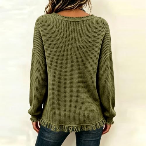 Waffle Knit Tops For Women Vintage Long Sleeve V Neck Frayed Raw Shirts - image 3