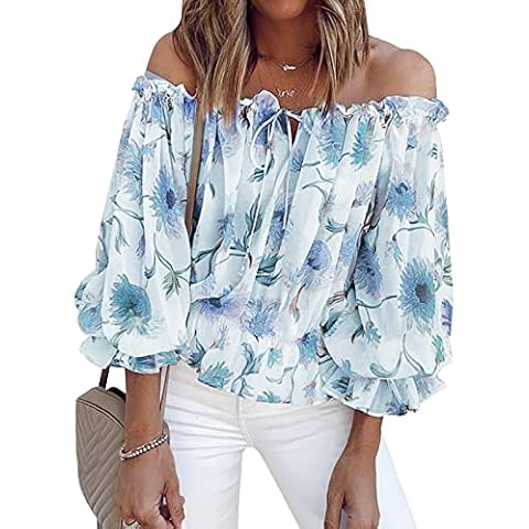 BLENCOT Women's 3/4 Ruffle Sleeve Off Shoulder Chiffon Blouse Summer Floral Print Casual T Shirts Sky Blue M Cover