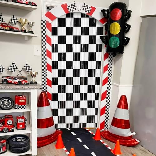 Image of Tiamon 2 Pack Race Car Party Decorations 3.3 x 6.6 Ft Foil Fringe Curtains Backdrop Black and White Checkered Tinsel Streamers Photo Booth for One Happy Dude Birthday Party Supplies