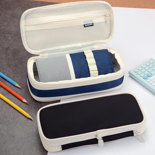 Image of Large Capacity Big Special Cute Aesthetic Preppy Canvas Pencil Case Organizer Holder Pouch Bag with Zipper Compartments, Pen Cases for Women Girls School Adults (Navy)