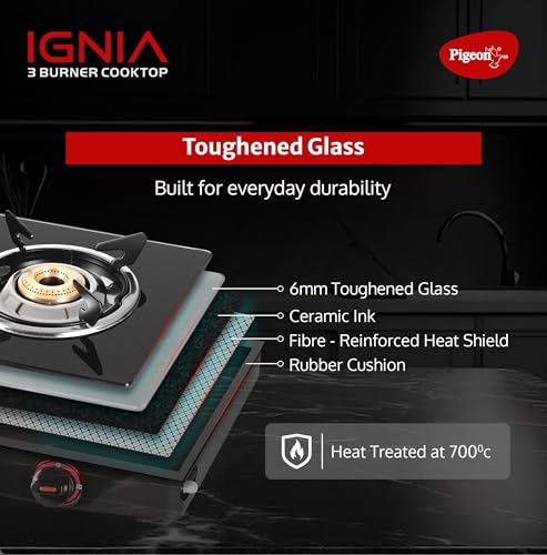 Image of Pigeon Ignia 3 Burner Gas Stove | Brass Burner | Easy Cleaning | Toughened Glass | 2 year Warranty