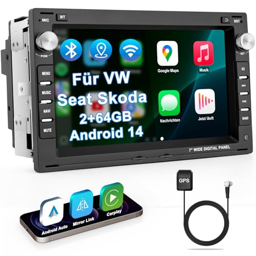 Autoradio mit Bildschirm 2+64G Bluetooth Radio für VW Golf 4 Polo 9N T5 Passat B5 Seat Skoda 2DIN 7 Zoll Auto Radio mit Navi DAB WLAN FM/AM Apple Carplay Android Auto Lenkrad Strg Android 14