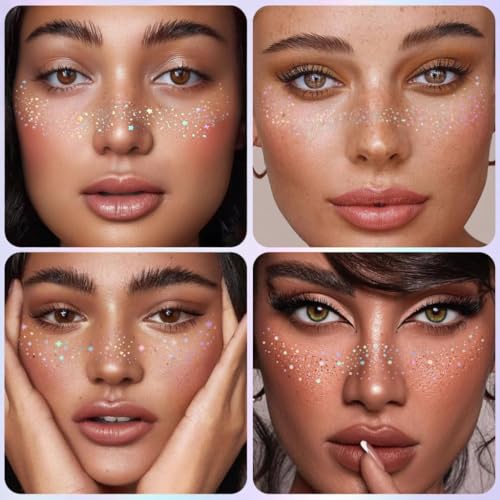 Glitzer Freckles Tattoo Set – 14 Stück Gesichtstattoos mit Gold & Holografischem Glitter,Fake Freckles Aufkleber wasserfest,Festival Tattoos für Erwachsene,Stern Herz Temporäre Tattoo Make-Up Zubehör