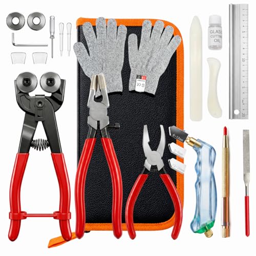 MEEFAUE 24PCS Stained Glass Kit Professional Glass Cutters Tools Kit with Wheeled Glass Nipper Running Grozer Pliers 2-20mm Glass Cutter Cutting Oil Safety Gloves & Ruler for Mosaic Tile DIY
