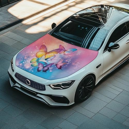 Image of Colorful Butterfly Print Car Hood Cover Stretch Polyester Car Hood Protector Washable Car Decorative Accessories Easy Installation for Women Ladies Cars Sedans SUV