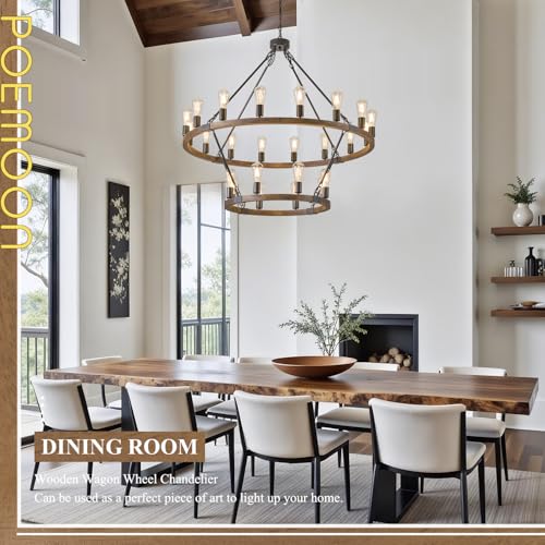 Image of Oak Wooden Wagon Wheel Chandelier 24-Light 43.3 inch Light Fixture