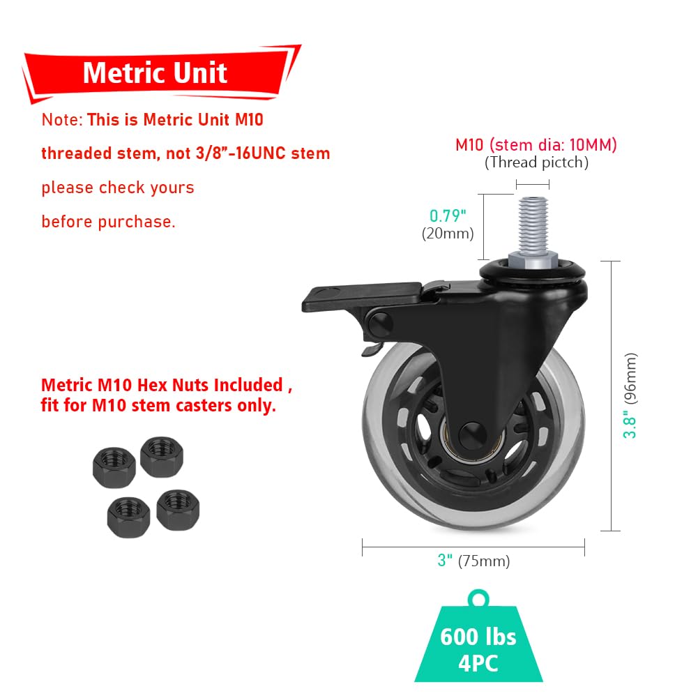 Hirate 7,6 cm Vorbaurollen, Set mit 4 metrischen Gewindestielen, M10 x 20 mm, robuste Rollen mit Sicherheitsverriegelung, Möbelrollen, Lenkrollen mit Sechskantmuttern, 272 kg