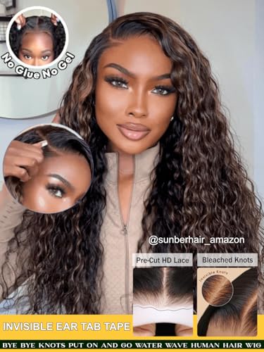 Image of Sunber Bye Bye Knots 7x5 Lace Glueless Water Wave Human Hair Wig 26Inch | Golden Brown Highlights No Slip Wet and Wave Gluless Wig 150% Density Put On Go Pre Bleached Invisible Knots
