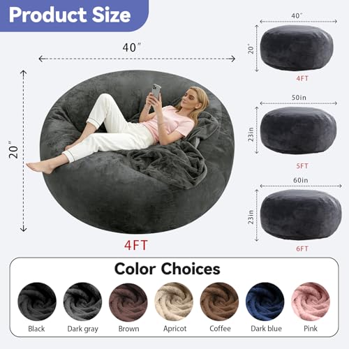 Image of 4FT，Bean Bag Chairs for Adults，Bean Bag with Filler Included，Memory Foam Chair，Soft Flannel Washable Cover, Ideal Reading Chair for Bedroom and Dormitory. (Dark Gray, 4 Foot)