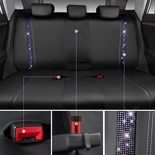 Image of CAR PASS Bling Diamond Car Seat Covers Full Set,Shining Rhinestone Waterproof Faux Leather,Rear with Zipper,Universal Fit Automotive Glitter Crystal Sparkle Strips for Women,Violet Purple Rhinestone