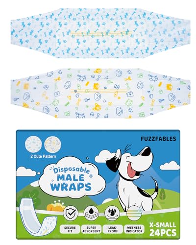 FuzzFables Einweg-Hundewindeln für Rüden, Super Saugfähig, Auslaufsicher, zweierlei Muster, mit Nässeindikator, für Inkontinenz und Reisen (XS-24 Count)
