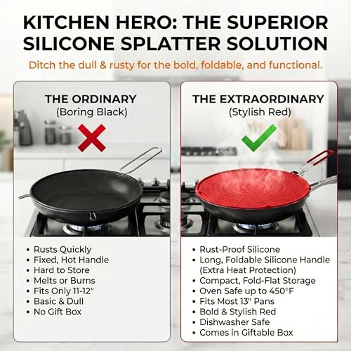 Silicone Splatter Screen for Frying Pan, 13” Red – Folds Flat with Sleeves, Dishwasher Safe Grease & Oil Splatter Guard, Heat Resistant Splash Guard Fits 10–12” Pans, Most 13” Skillets - image 5
