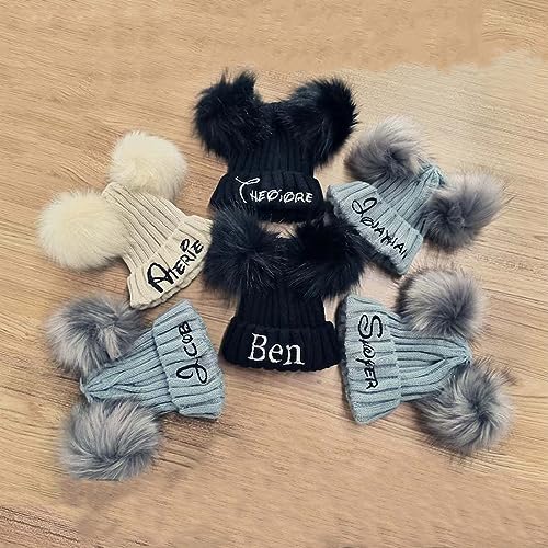 Personalized Baby Double Pom Pom Hat, Custom Name Winter Knitted Beanies for Toddler Kids Grils Warm Slouchy Winter Pompom Beanie Hats Black4