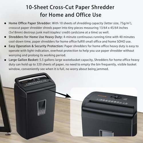 image for Bonsaii 10-Sheet Cross Cut Paper Shredder, 5.5 Gal Home Office Heavy D