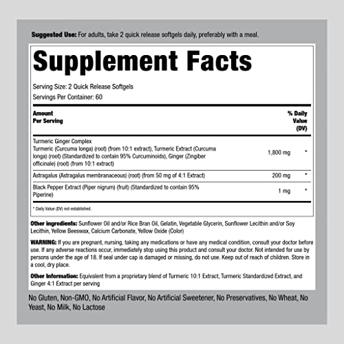 Piping Rock Turmeric And Ginger Supplement | 1800Mg | 120 Softgels | Standardized Complex | With Black Pepper Extract | Non-Gmo, Gluten Free #TOP1