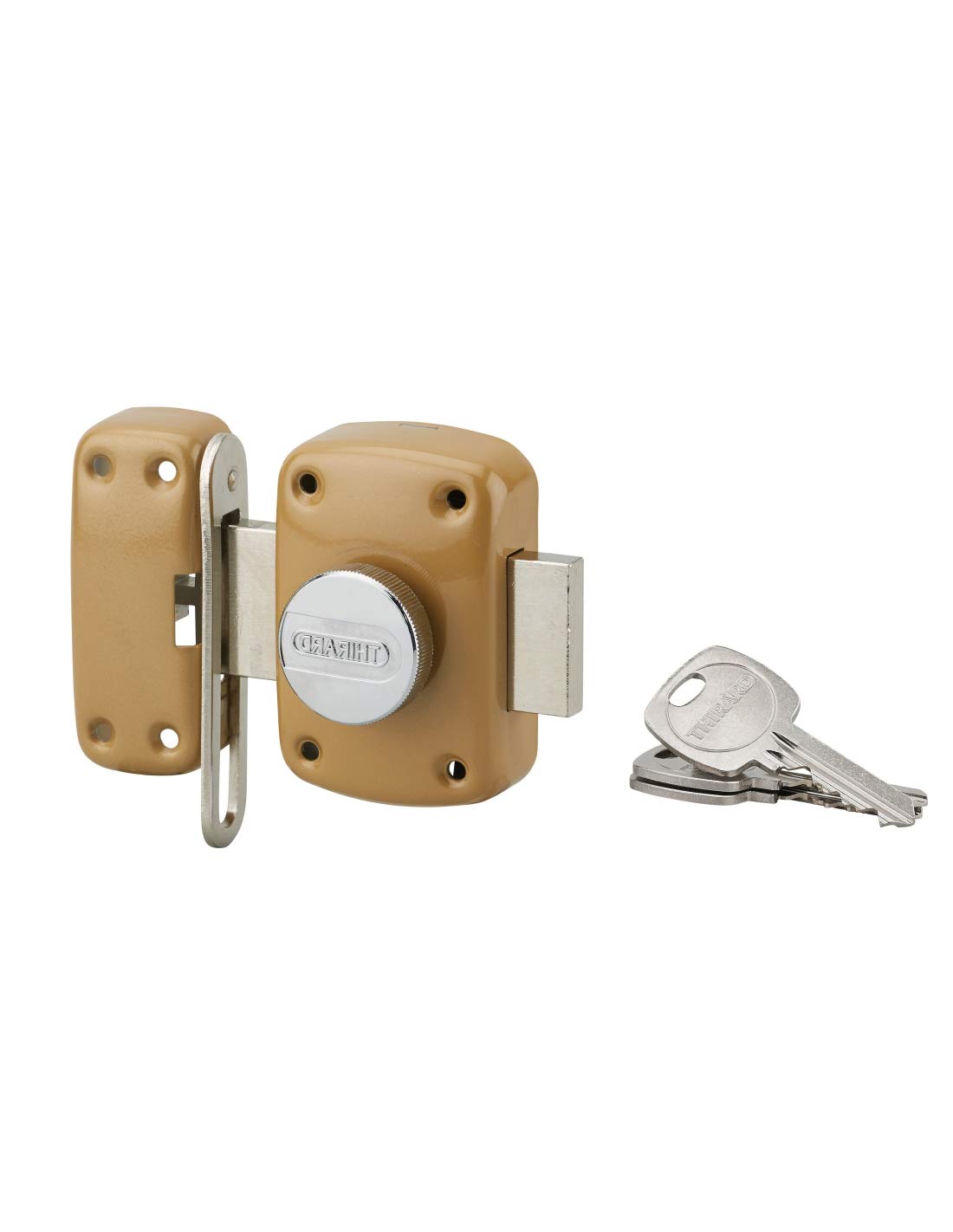 THIRARD Verrou à Bouton et Cylindre Acier Cylindre 45 mm Verni | verrou à bouton et cylindre, cylindre 45 mm, acier, finition verni, 3 clés, porte d'entrée, doré