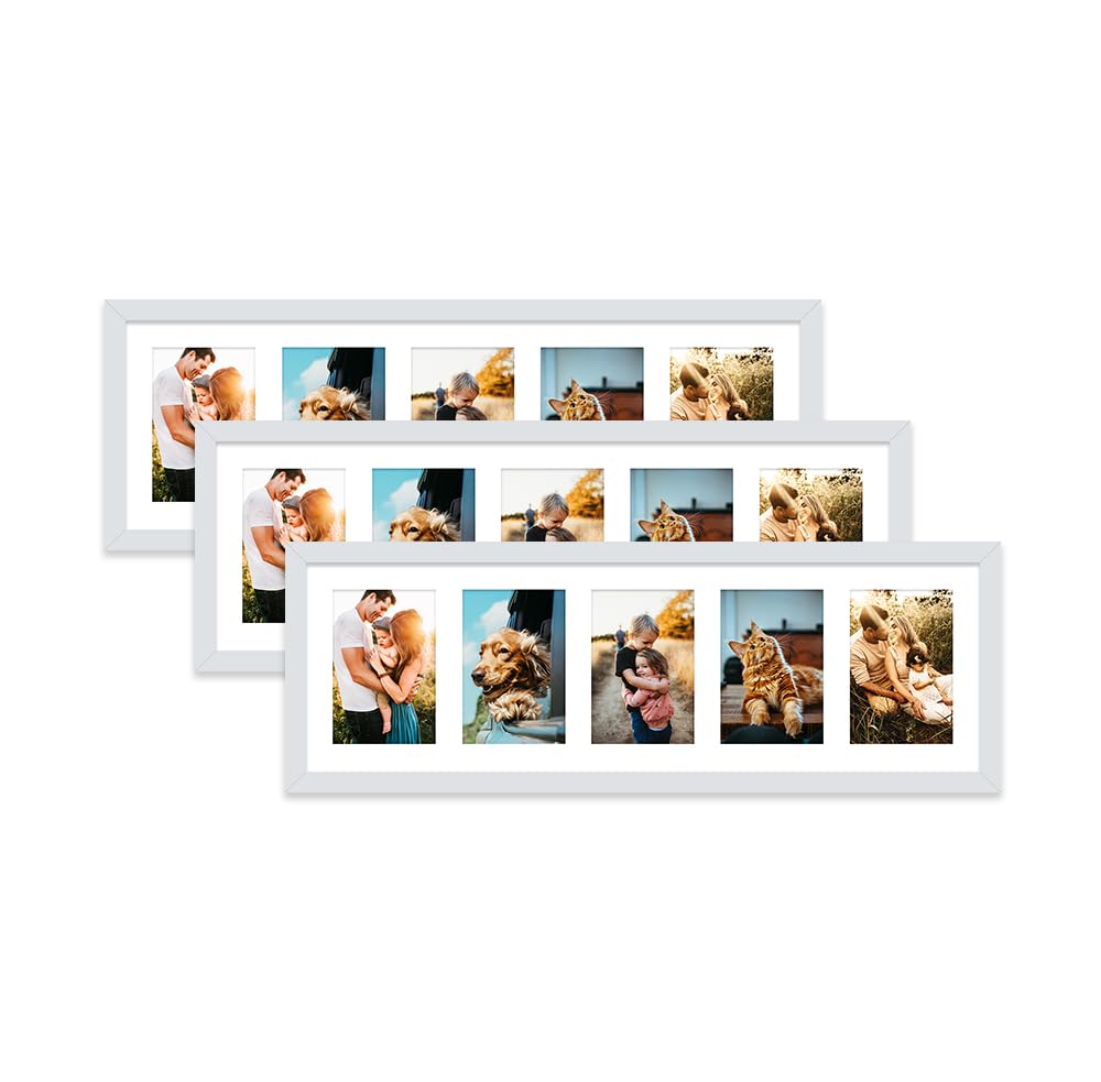 Light Grey Multi Photo Frame - Holds 5 x 6x4 Pictures, Family Collage Picture Frame for Wall Display, 8x26 Panoramic Frame Size, Set of 3