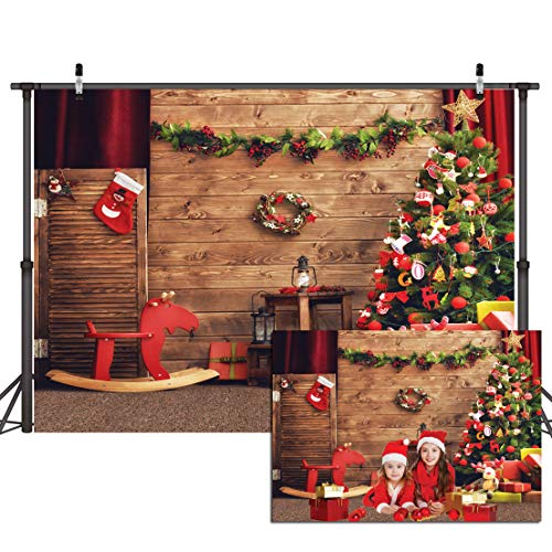 Fotohintergrund für Weihnachten, 2,1 x 1,52 m, Weihnachtsmotiv, für Fotoshooting, Holz, Fotohintergrund, rotes Pferd, Weihnachtsbaum,