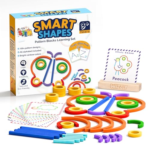 WIZZLY 182pcs Wooden Montessori Smart Sticks and Rings Puzzle Game for Kids Wooden Pattern Blocks Learning Set with 50+ Double-Sided Cards A-Z Alphabet Cards Fine Motor STEM Toy for Ages 3+
