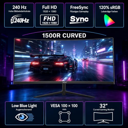 ZZA 32 Zoll 240 Hz Curved Gaming Monitor, Full HD 1080p, 1ms, HDR, FreeSync – Ansicht 4
