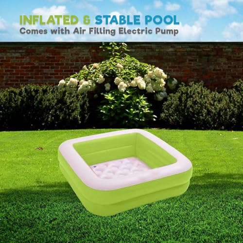 Image of Pivalo 3 Feet Square Inflatable Swimming Pool Bathtub with Electric Pump for Kids and Toddlers Outdoor, Garden, Summer Party (0-5 Years Kids, Green)